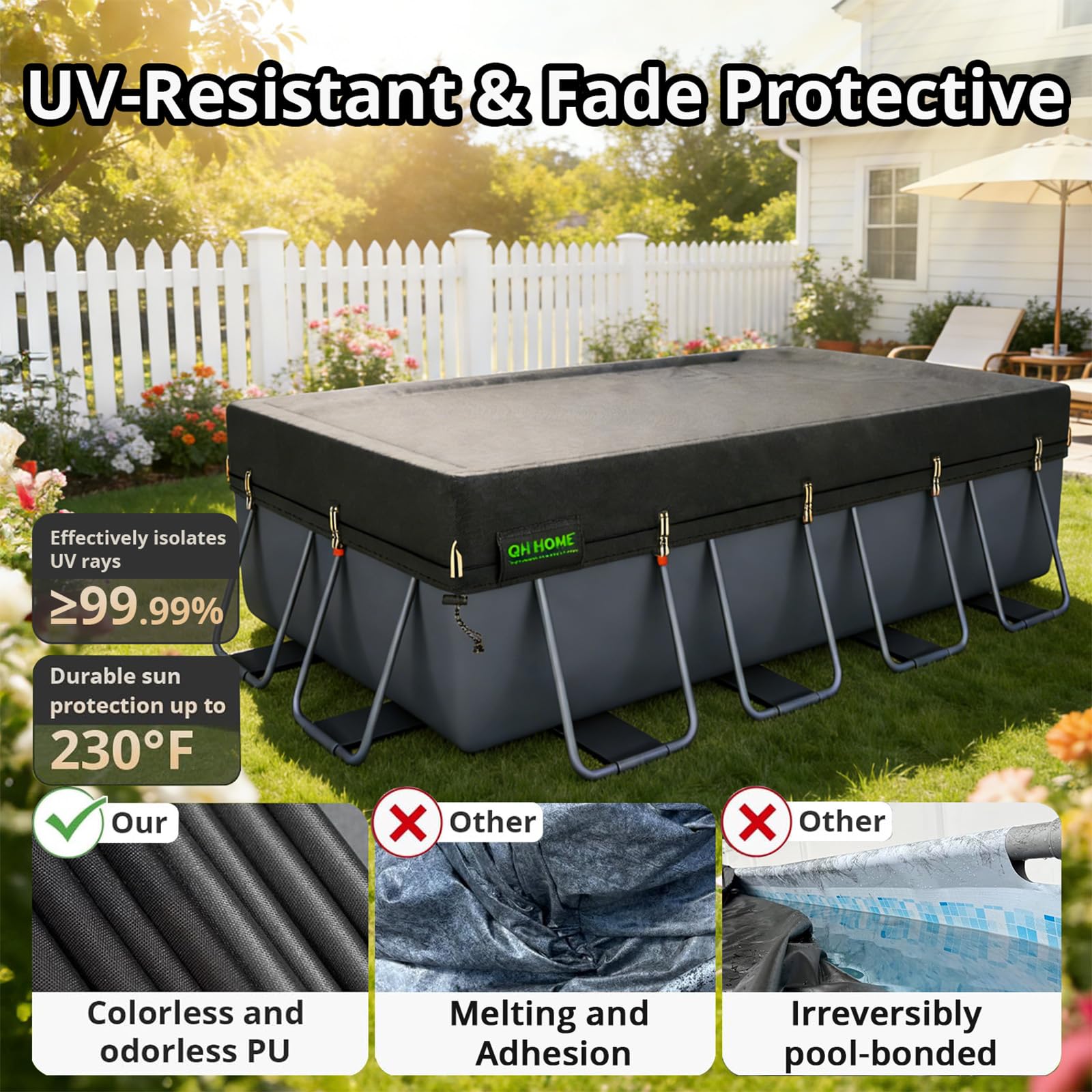 QH.HOME cover in use on an above-ground pool demonstrating debris prevention