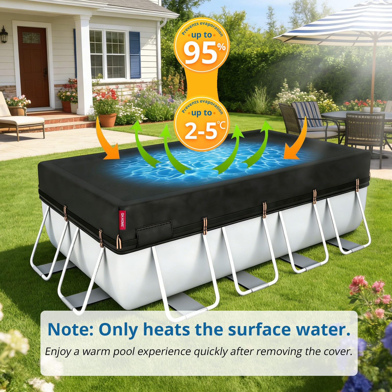 QH.HOME pool cover in backyard lifestyle scene showing low-maintenance benefit