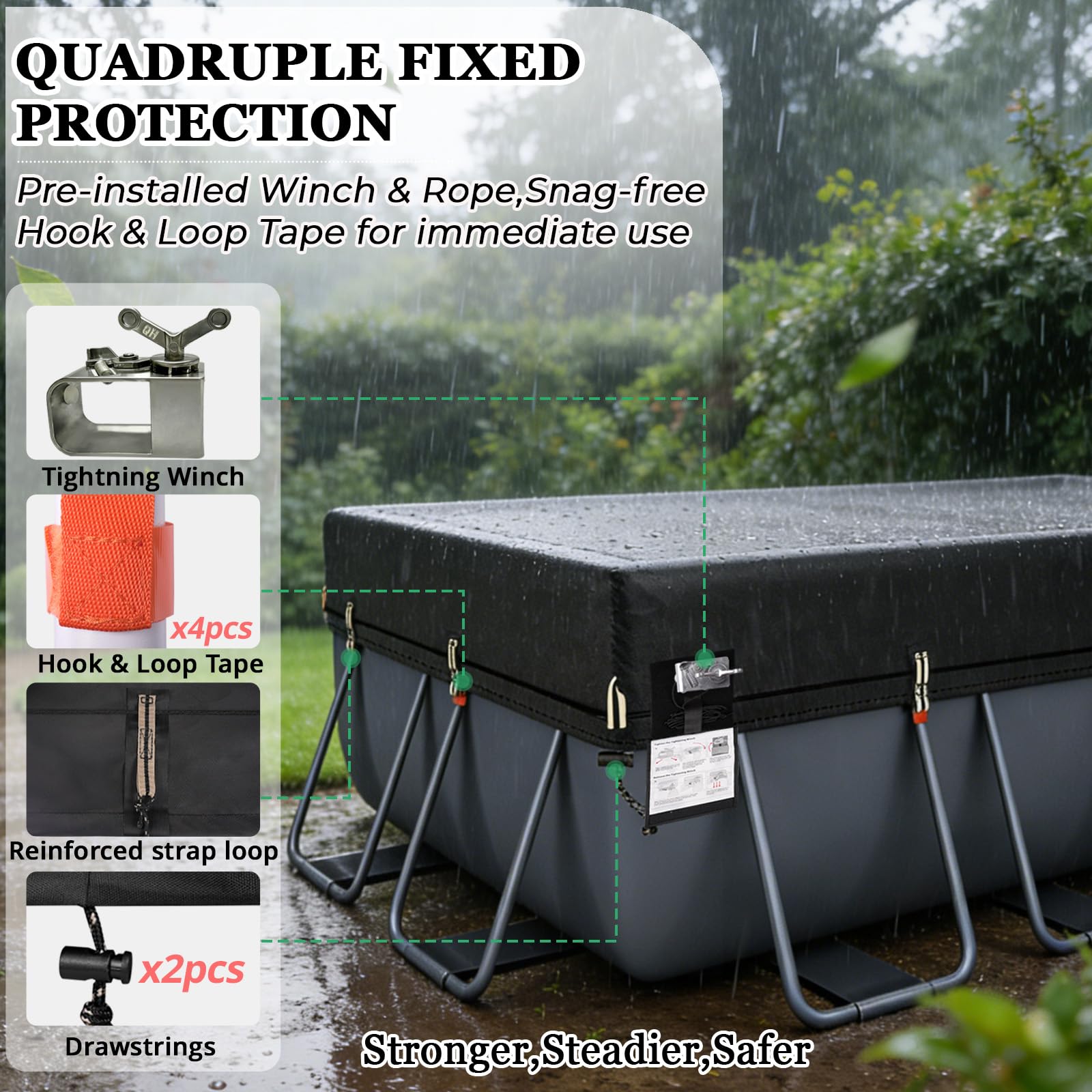 QH.HOME tightening winch and preinstalled rope for fast one-person setup