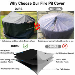 QH.HOME cover fitted on a round fire pit demonstrating secure fit