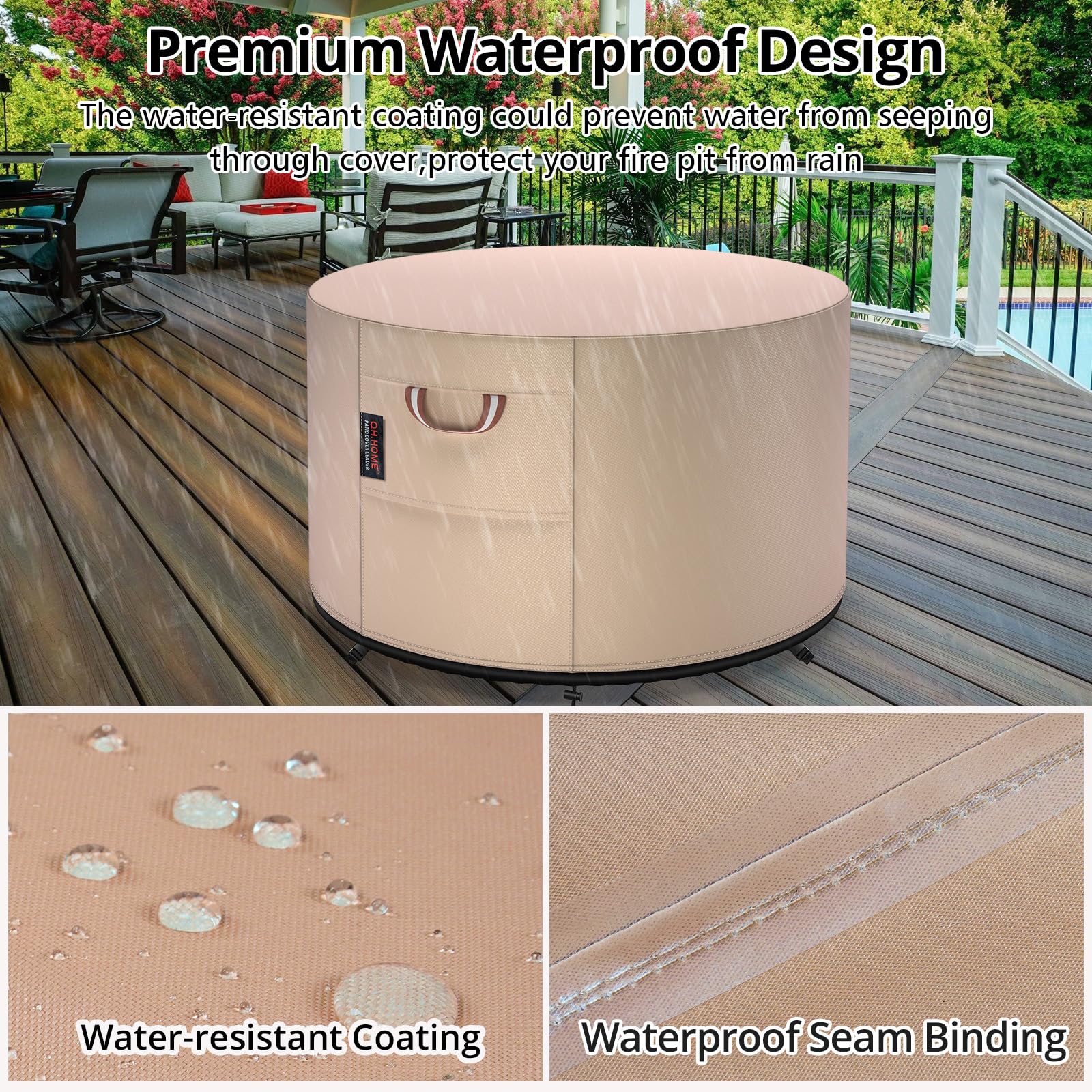 QH.HOME cover installed on fire pit showing protection from rain and debris
