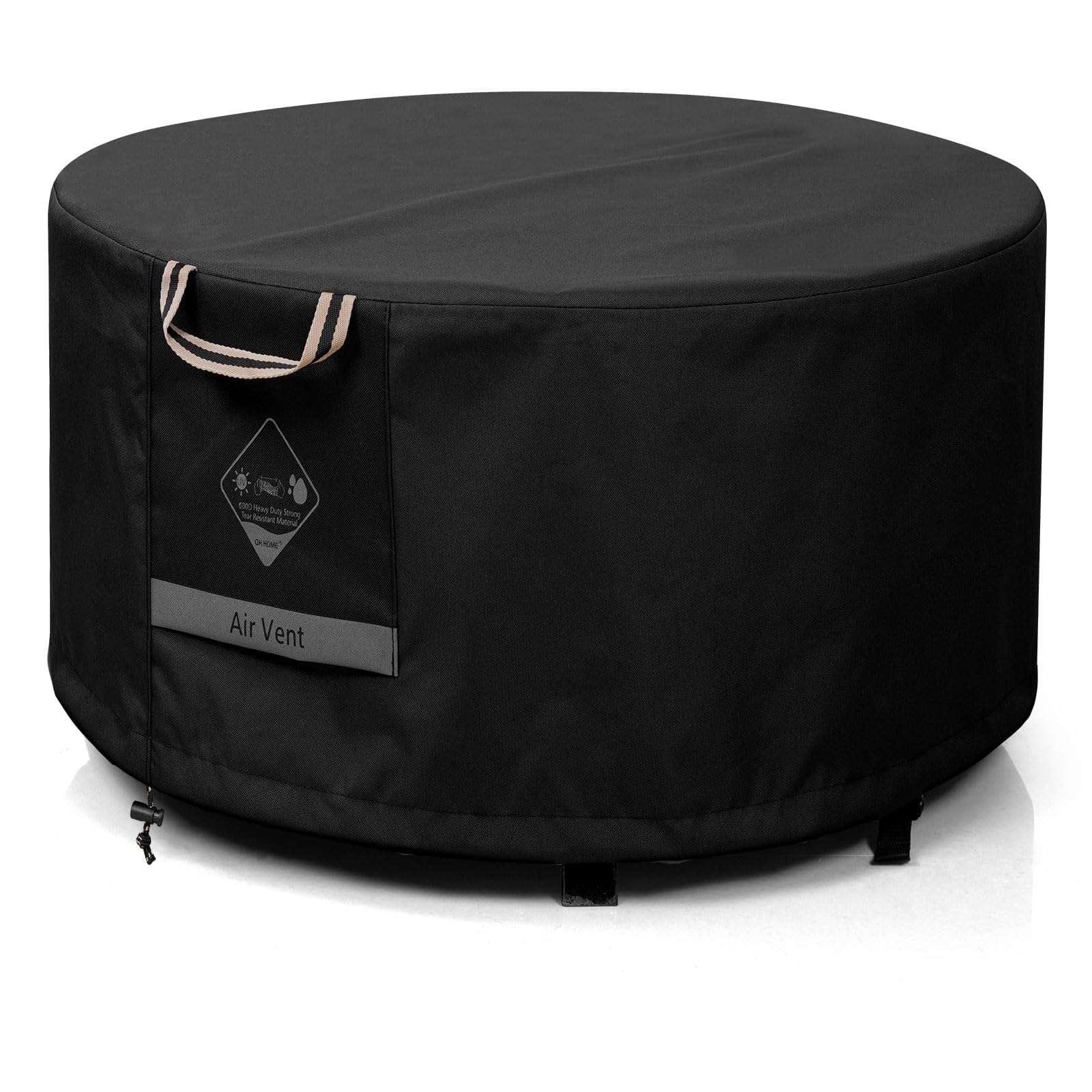 QH.HOME front view of 48-inch cover protecting fire pit, keeps pit dry
