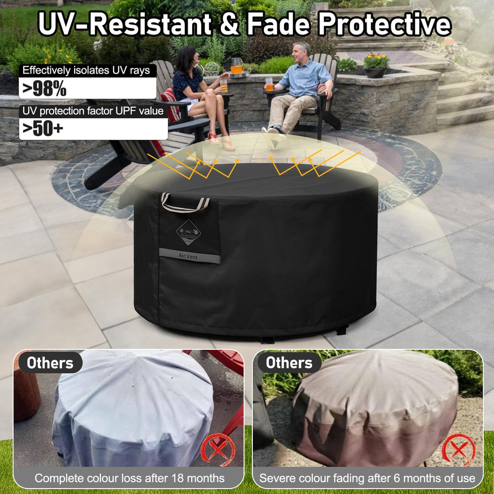 QH.HOME cover fitted on backyard fire pit, protects from weather and debris