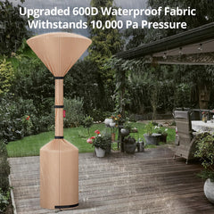 QH.HOME cover installed on tall heater, keeps unit dry and UV-protected