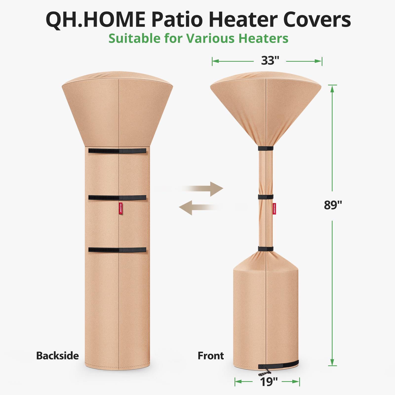 QH.HOME lifestyle backyard scene, protects heater in outdoor seating area
