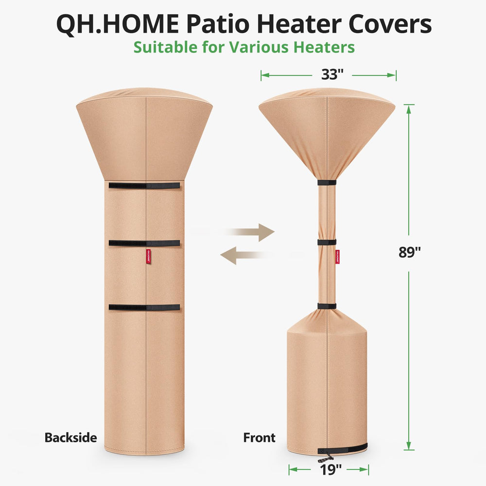QH.HOME lifestyle backyard scene, protects heater in outdoor seating area