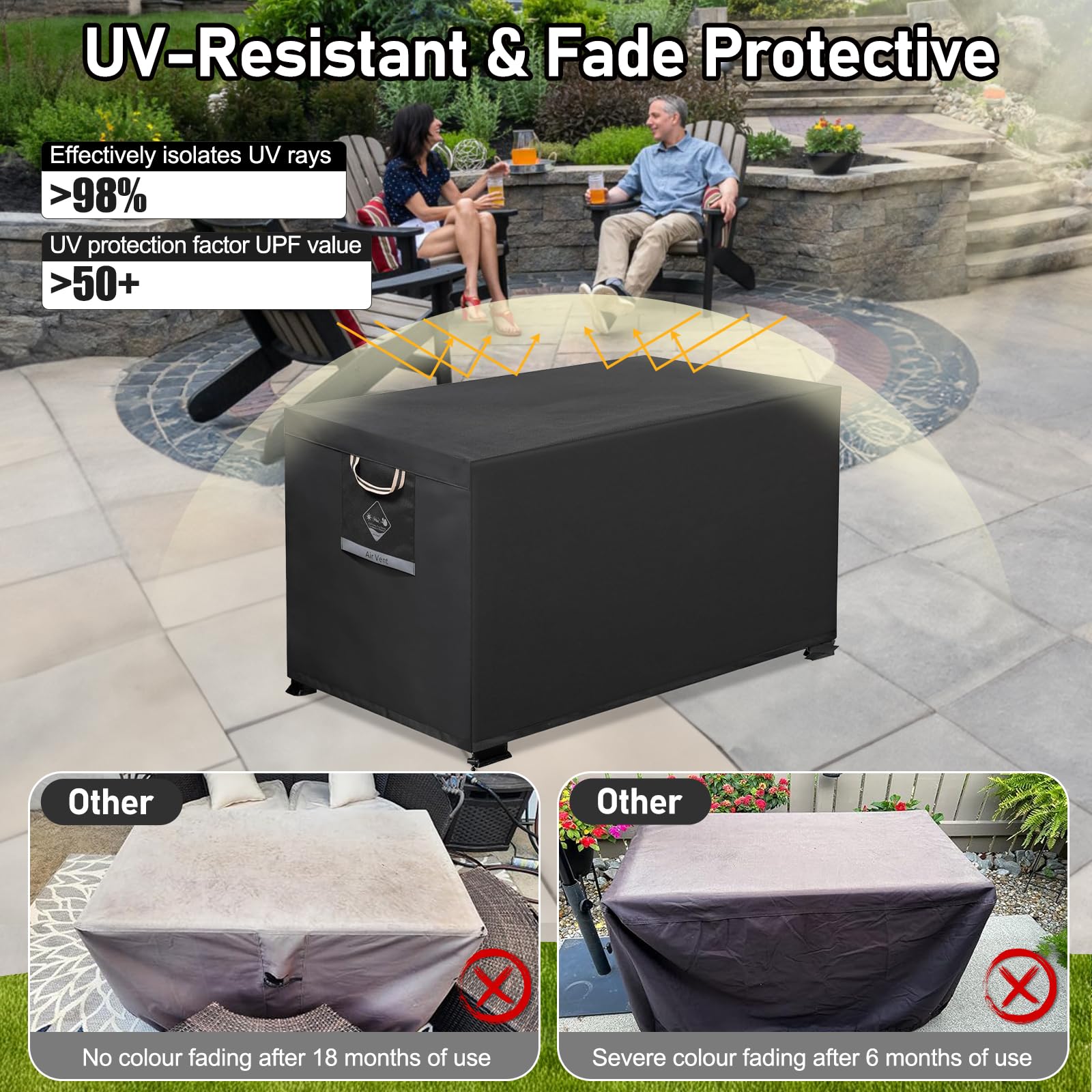 QH.HOME size comparison photo showing coverage versus uncovered fire pit