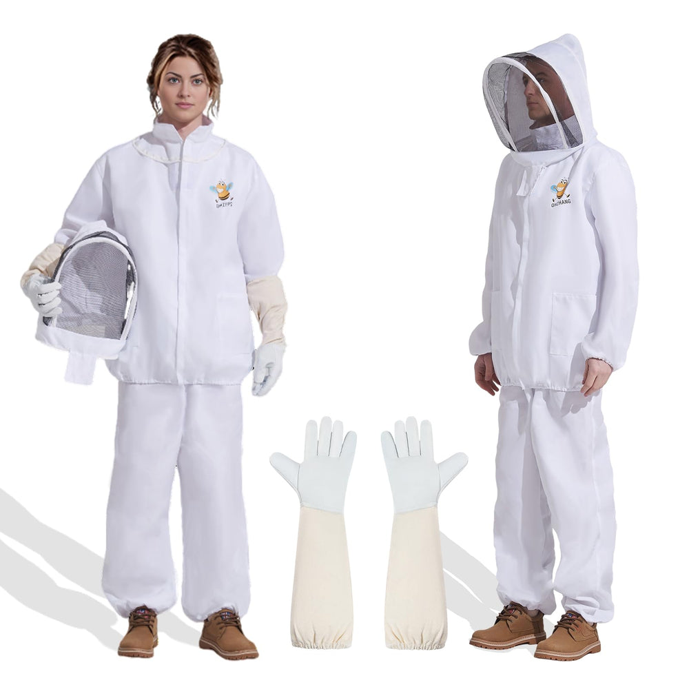 QHZHANG two-piece bee suit front view showing jacket and pants for full protection