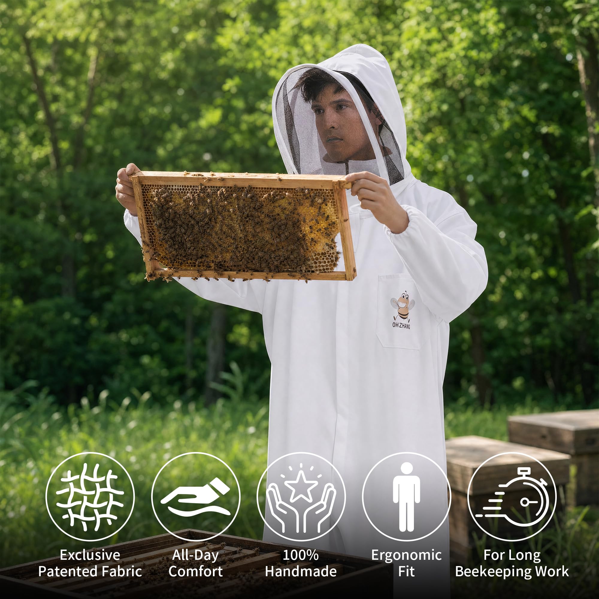 QHZHANG suit in garden showing practical use and comfort during inspections