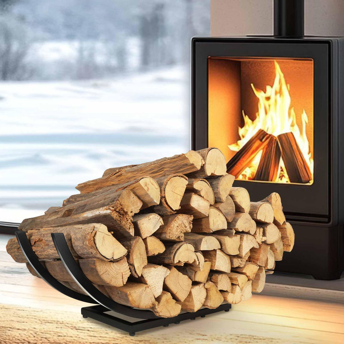 Qiang Ni front view curved log rack showing neat organized storage benefit