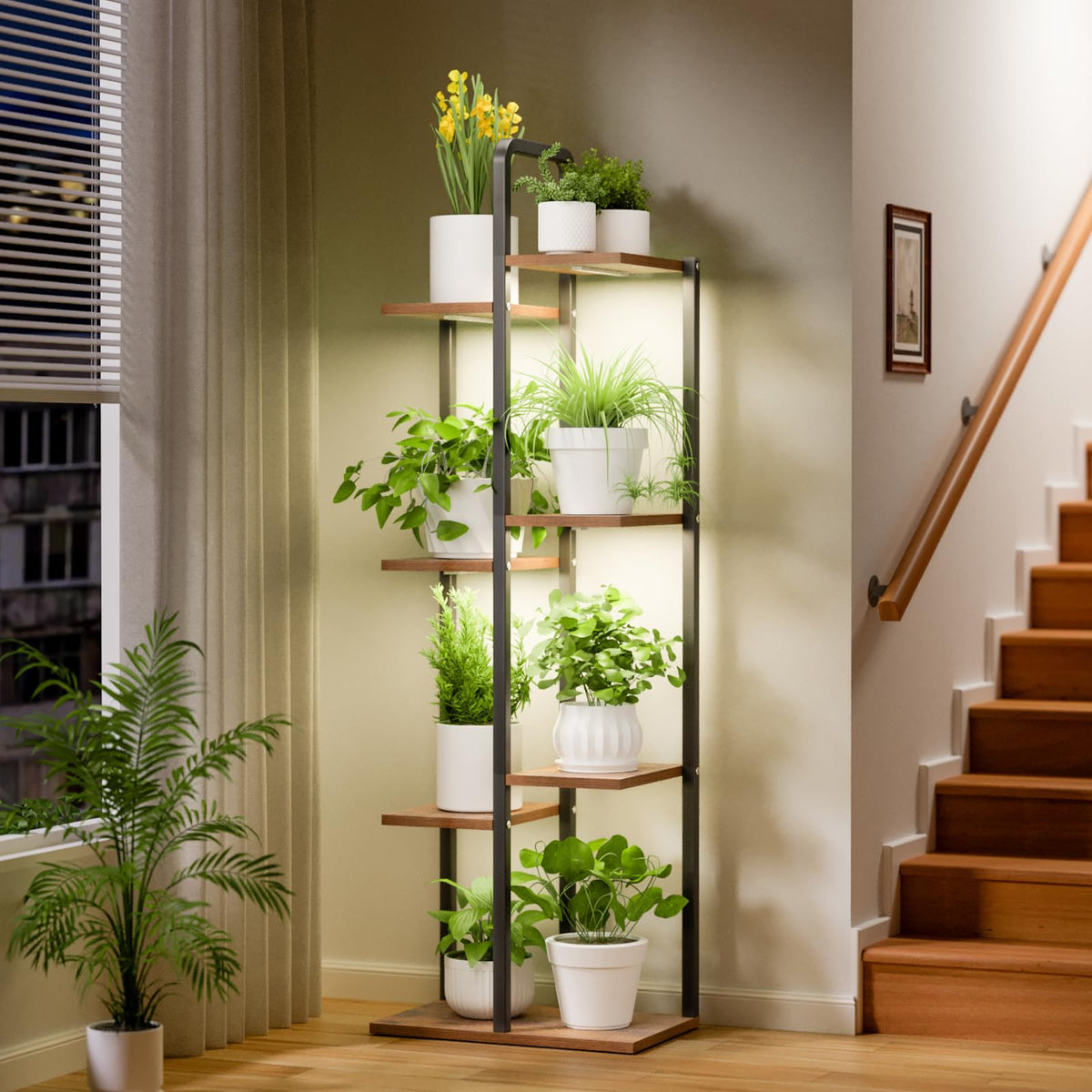 Qiaogreen front view of full assembled stand showing organized plants and space saving