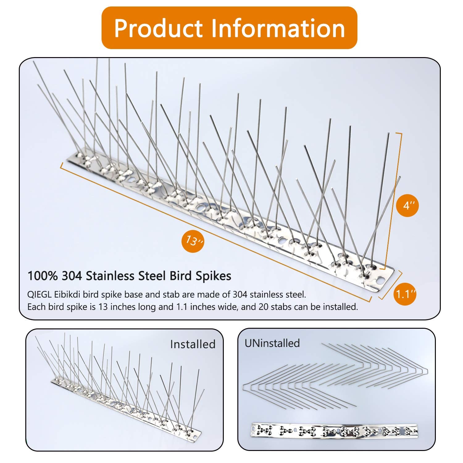 QIEGL close-up of 304 stainless steel spikes highlighting rustproof durable points