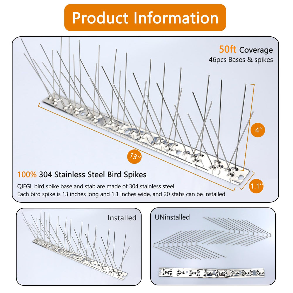 QIEGL close-up of 304 stainless steel spikes showing rust-resistant finish