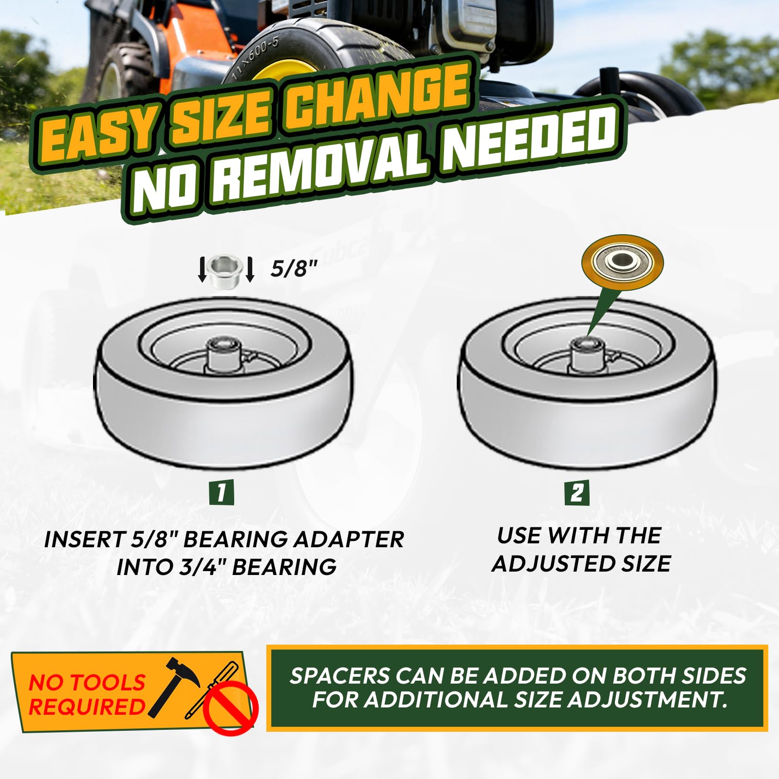 QILINGLORY lifestyle shot of mower on lawn showing reliable no-flat performance