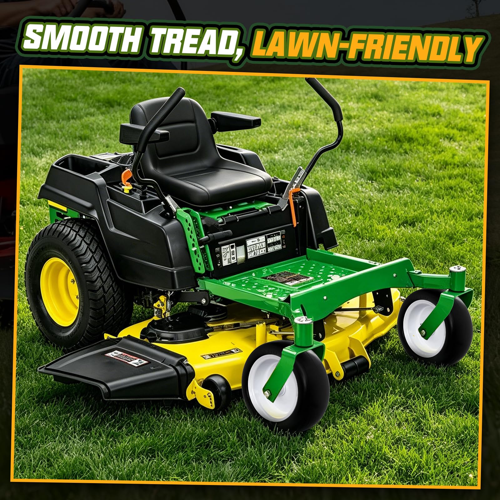 QILINGLORY side profile displaying 6.5" tread width for stable mowing