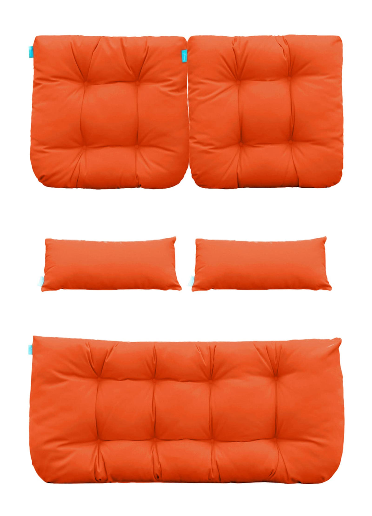 QILLOWAY front view of five-piece orange cushion set showing fit and bright color