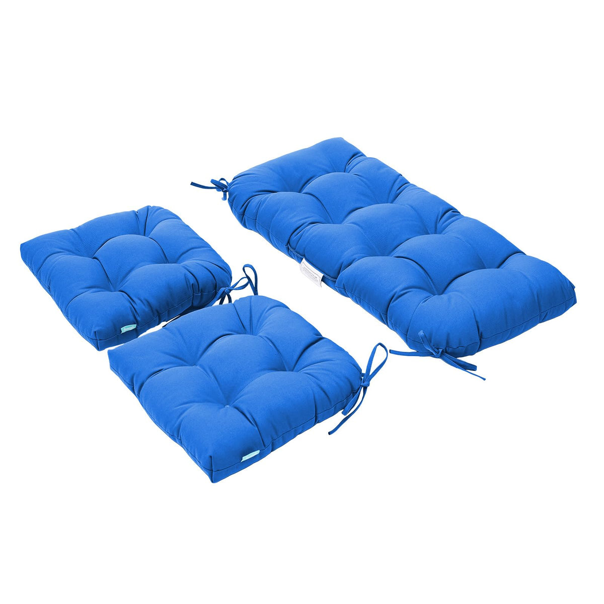 QILLOWAY front view of three blue outdoor cushions showing durable finish and color