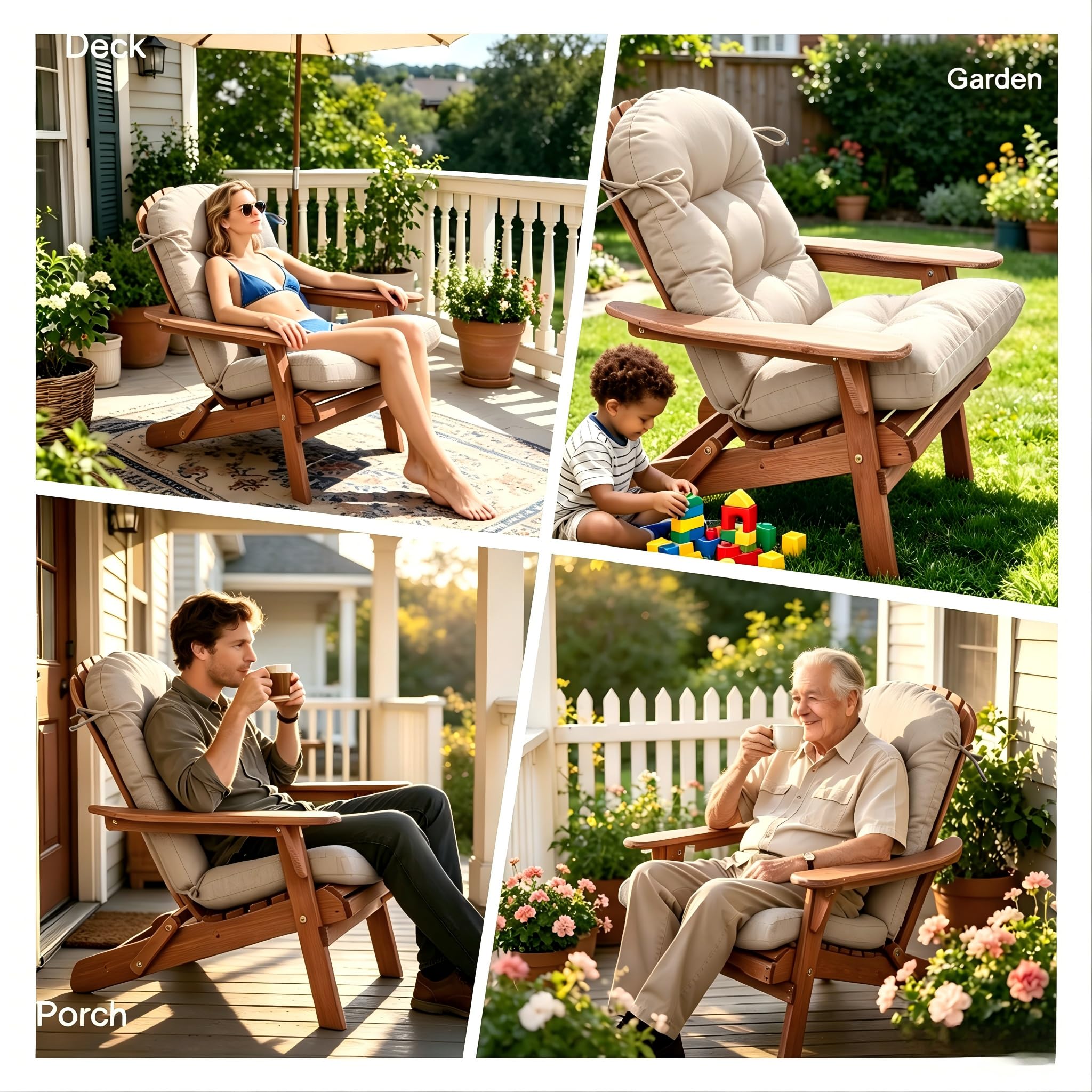 QILLOWAY cushion on Adirondack chair demonstrating improved outdoor seating