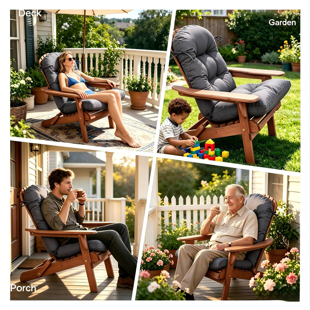 QILLOWAY cushion fitted on Adirondack rocker demonstrating proper fit