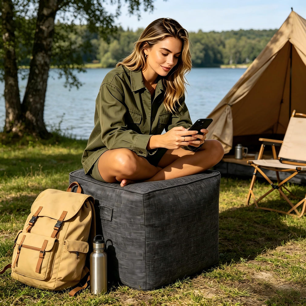 QILLOWAY ottoman next to shoes to show 16-inch scale and practical size