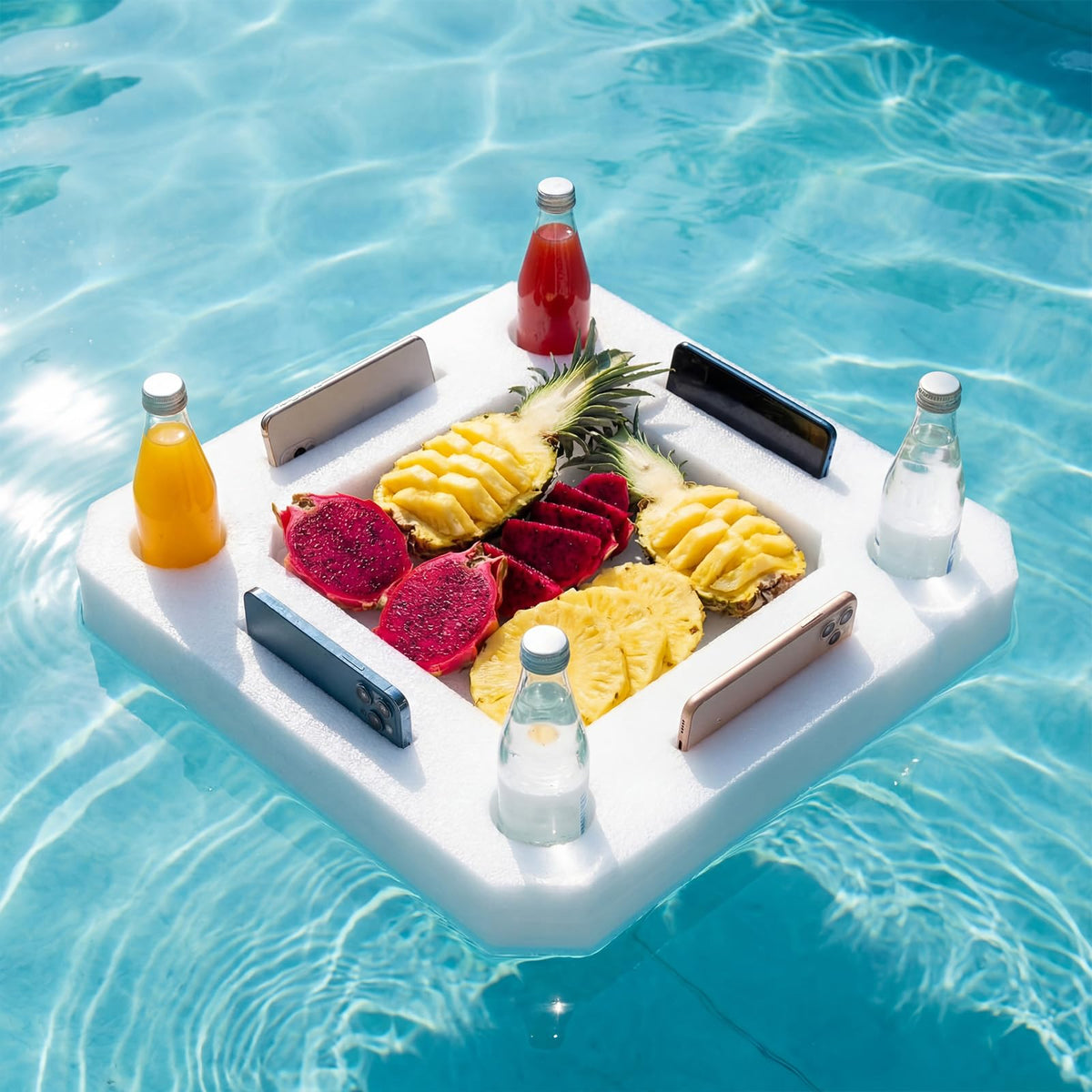 Qinyoung front view of white floating tray showing four drink holders and surface
