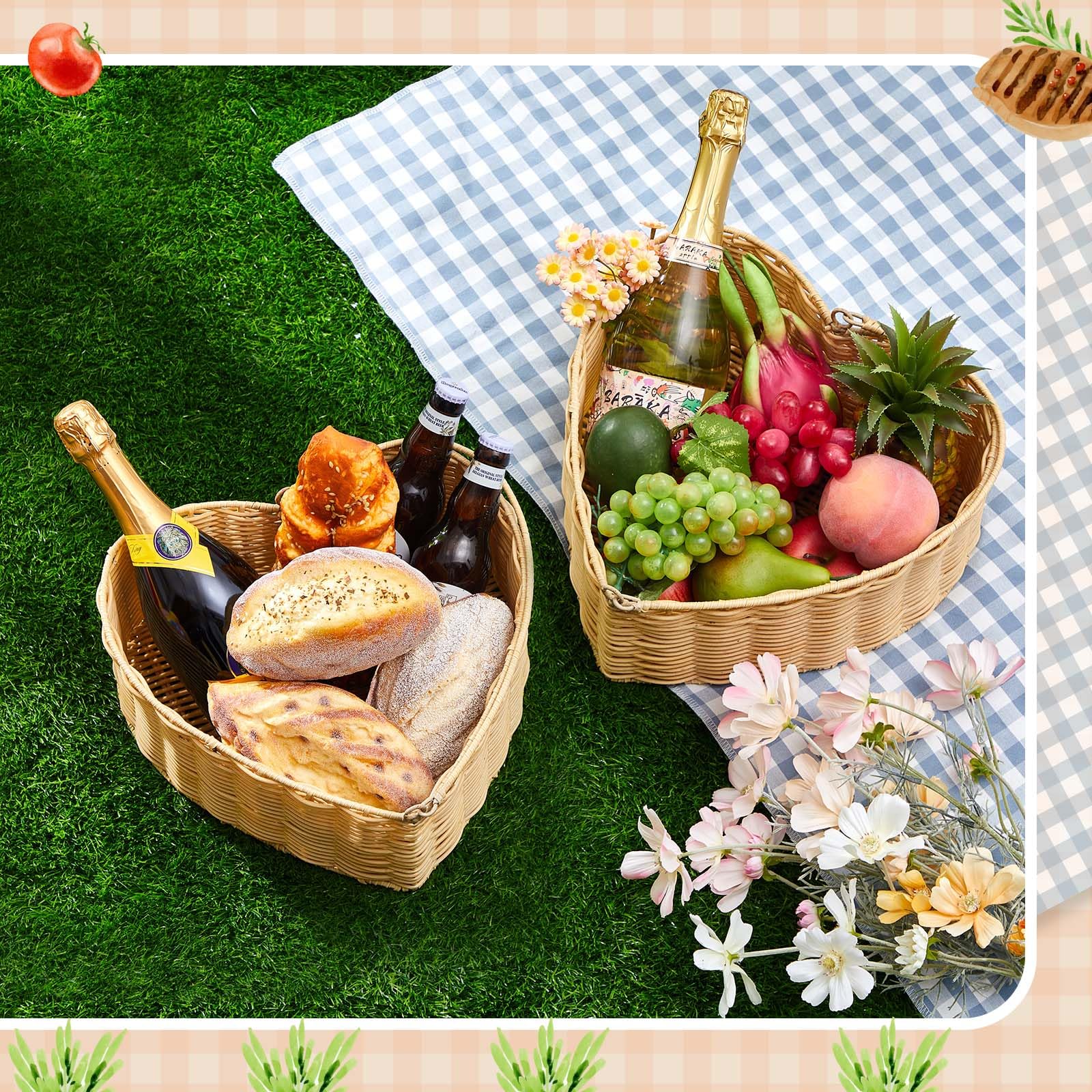 Qinyoung picnic setup with baskets filled with fruit showing attractive outdoor use