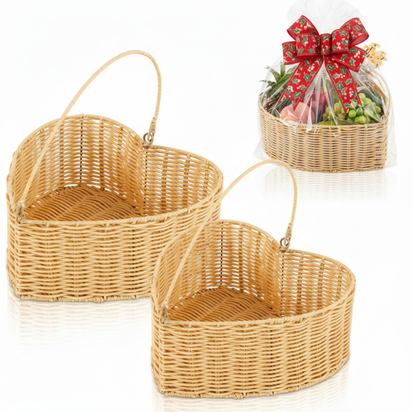 Qinyoung front view of two heart wicker baskets showing romantic presentation benefit