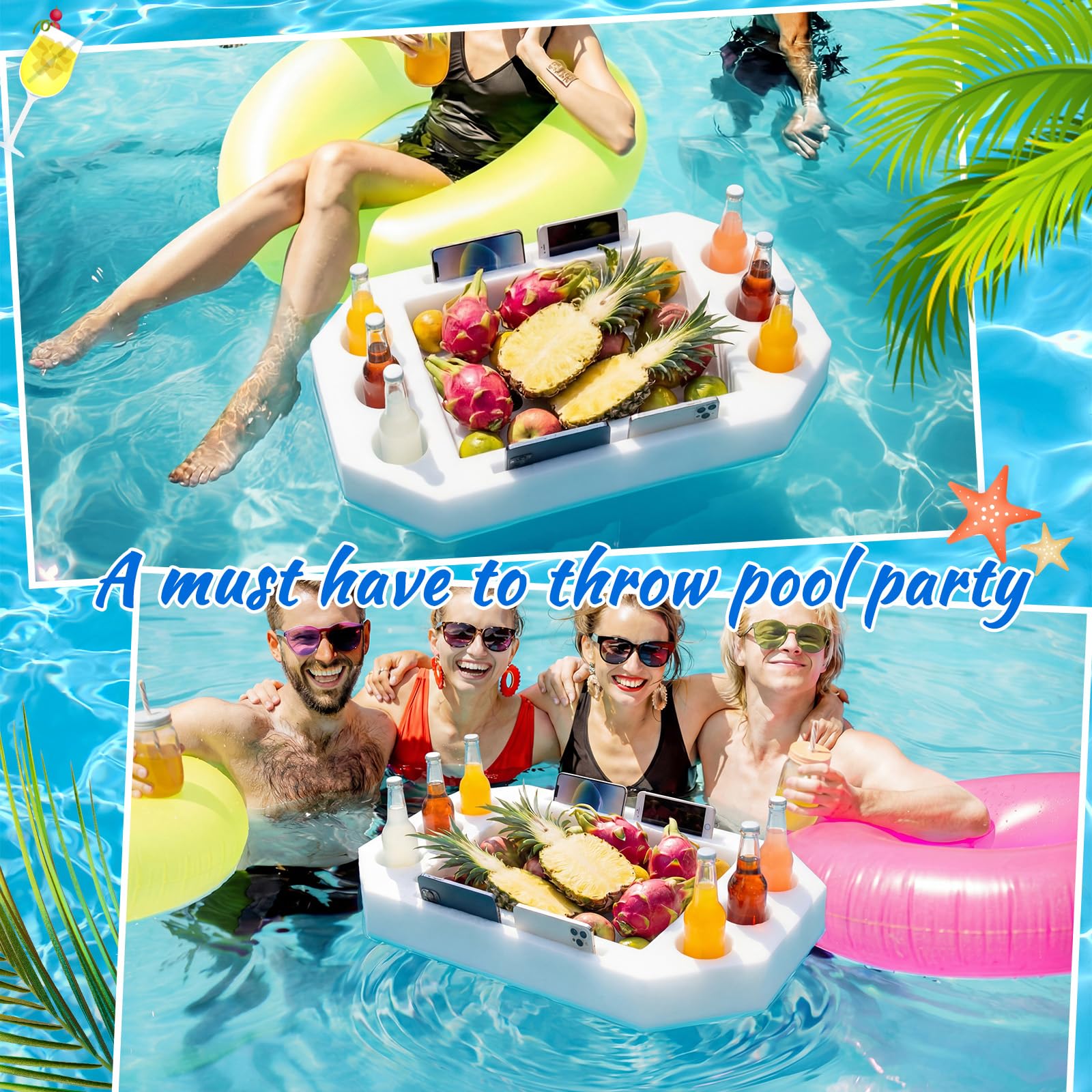 Qinyoung lifestyle image in pool with drinks and snacks for hands-free hosting