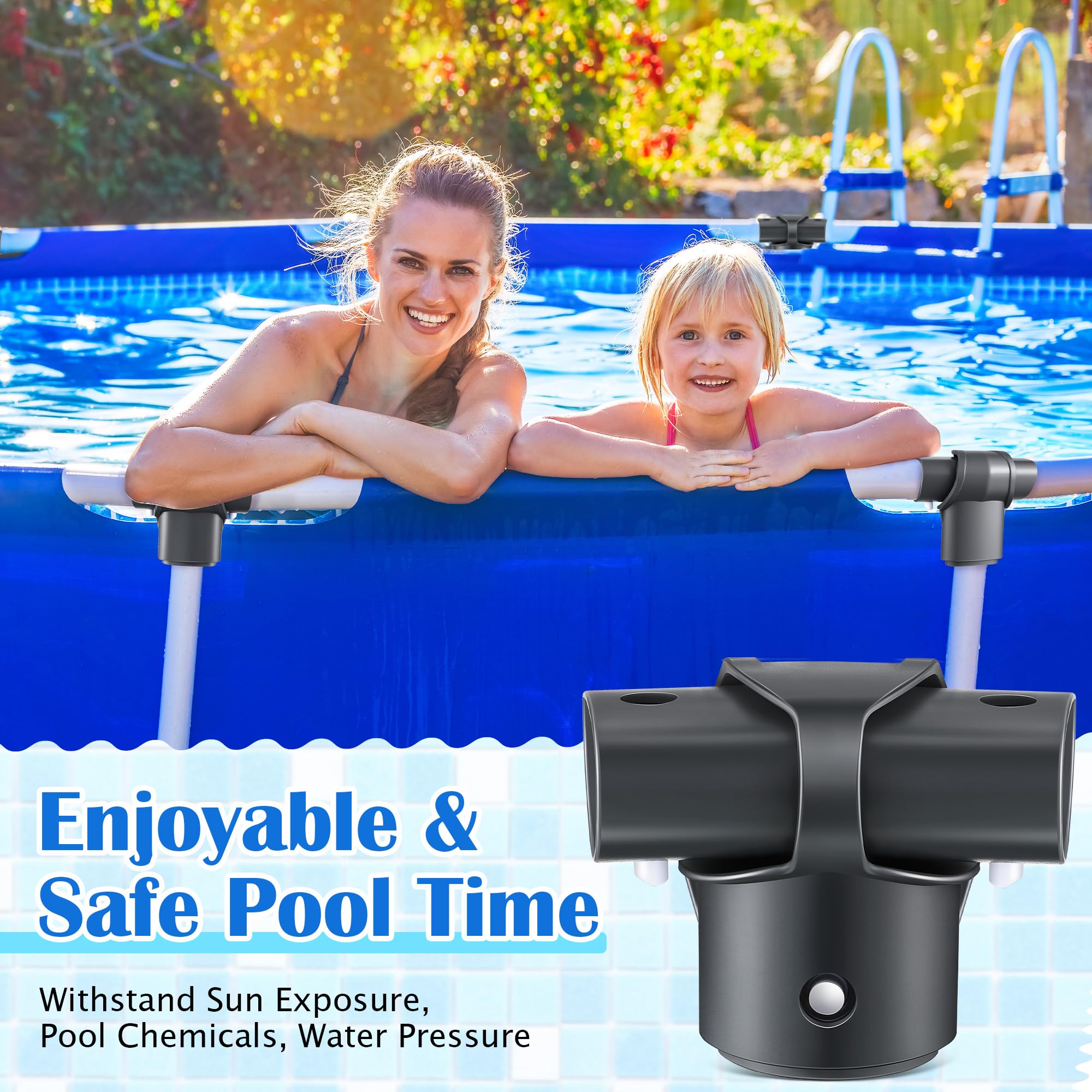 Qiyaz T-joint in backyard pool scene conveying reliable seasonal use