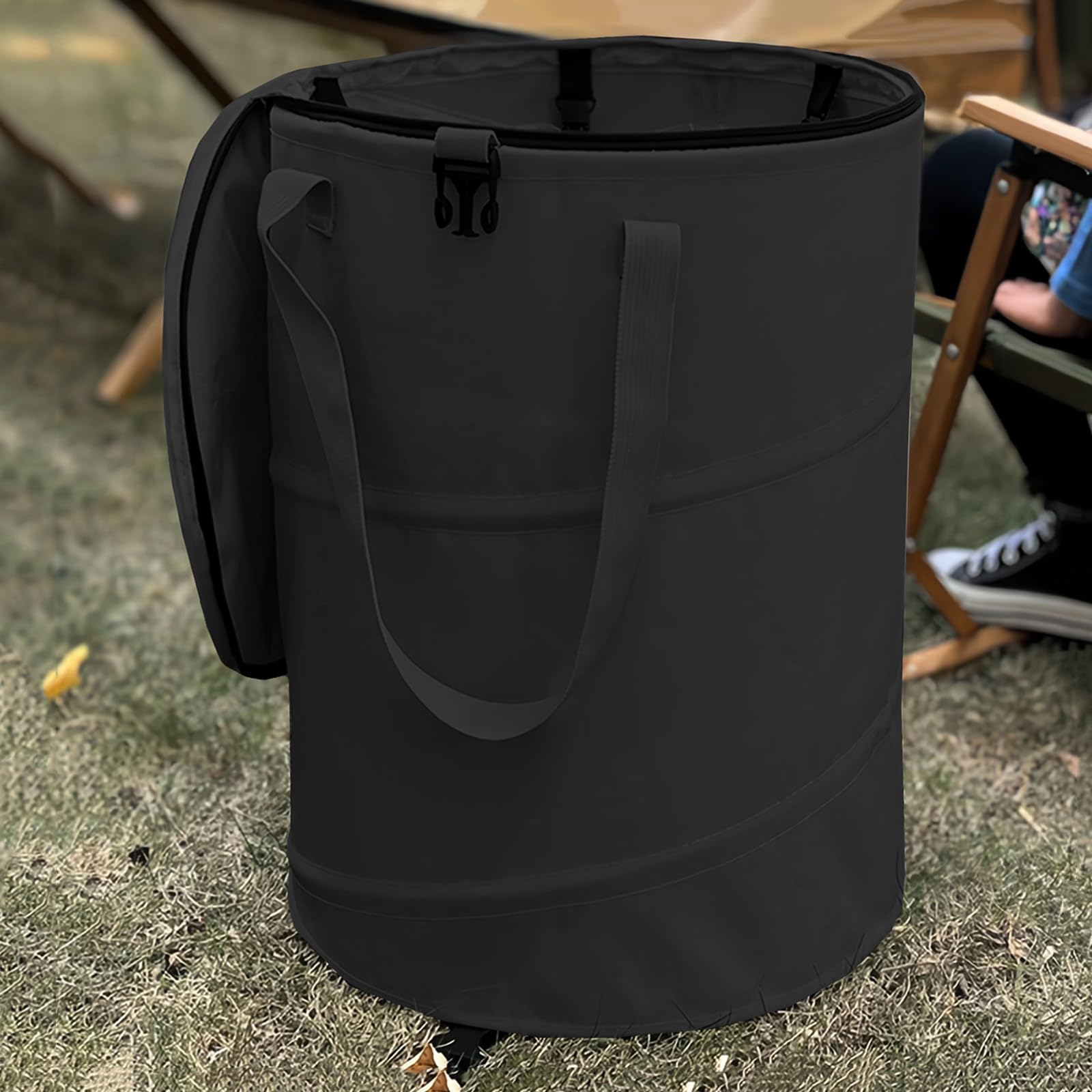 QJXX front view of pop-up trash can showing lid and shape for organized containment