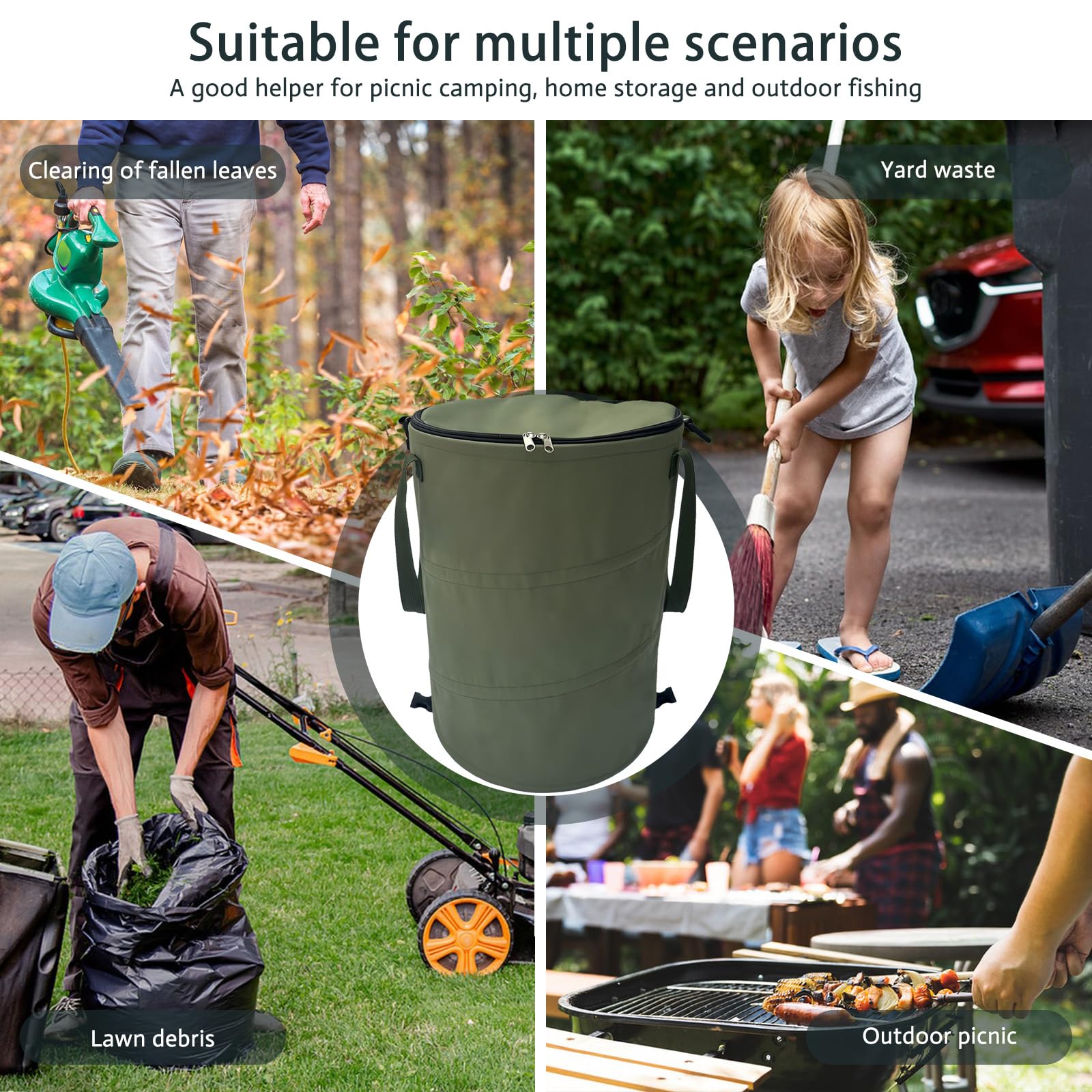 QJXX in use collecting yard leaves demonstrating large-capacity convenience
