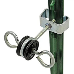 QMARK installed on T-post with gate handle showing easy operation