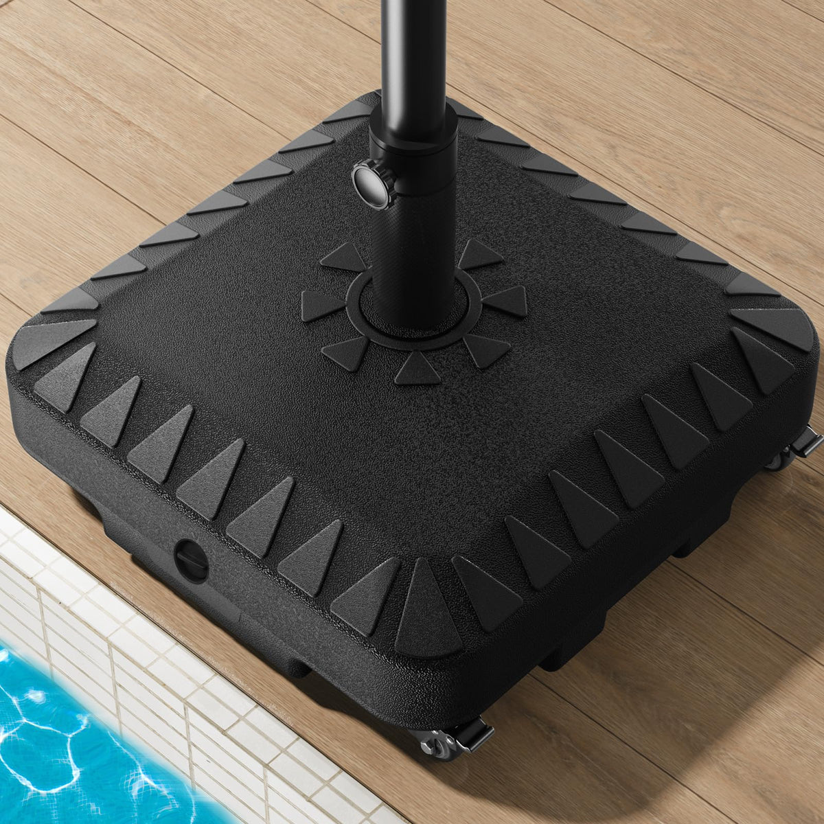 QNCZ umbrella base front view showing sturdy black design and stability benefit