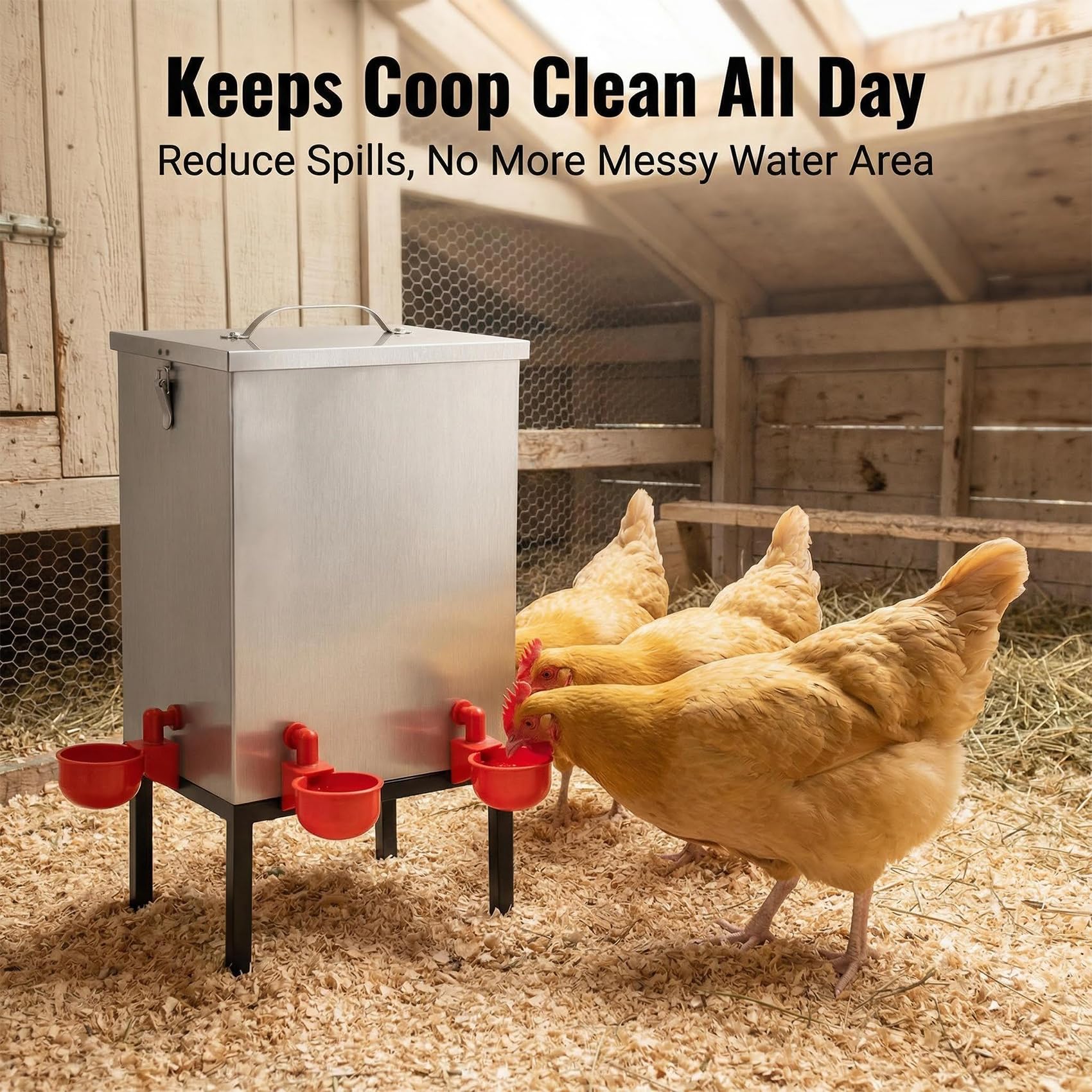 Qnemaei lifestyle backyard poultry setting showing tidy coop and happy birds