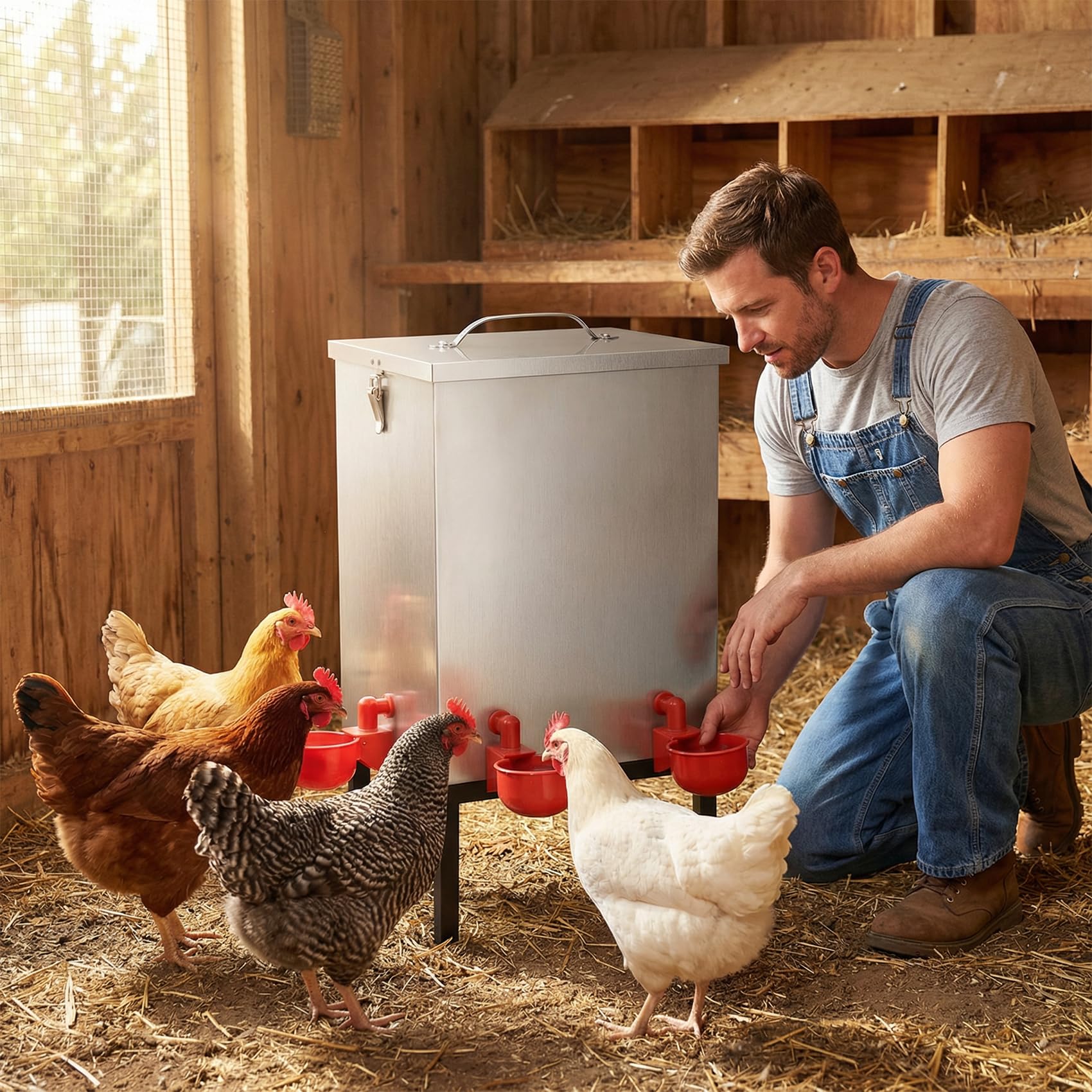 Qnemaei mounted in coop setup for space-saving, elevated water access