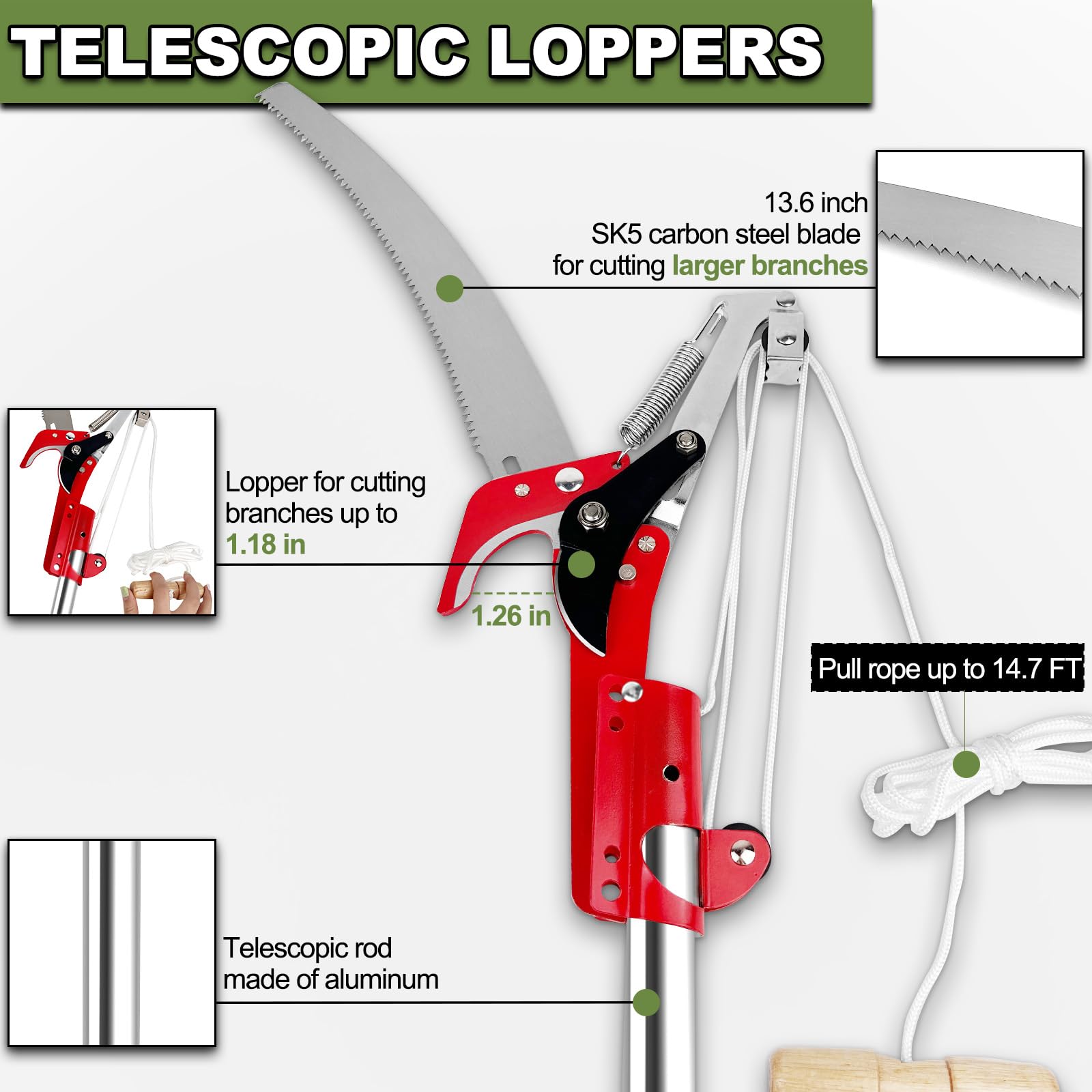 QNFANN pole extension detail showing telescopic locks for stable, adjustable reach