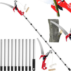 QNFANN pole saw front view showing full length and handle, improves reach safety