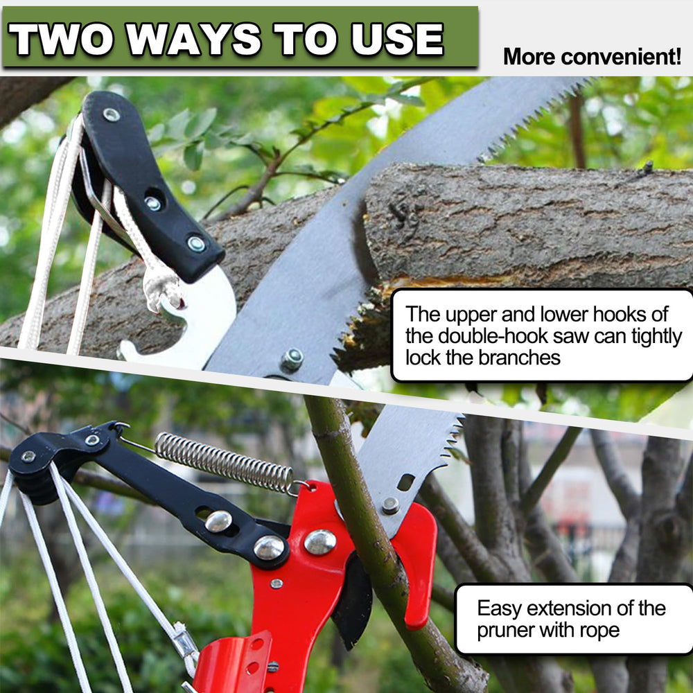 QNFANN pruner in use cutting a high branch, enables ladder-free trimming