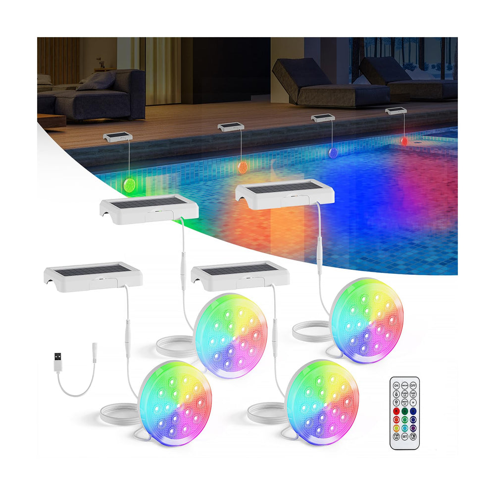 QOLNBY front view of four lights showing bright colors and easy setup