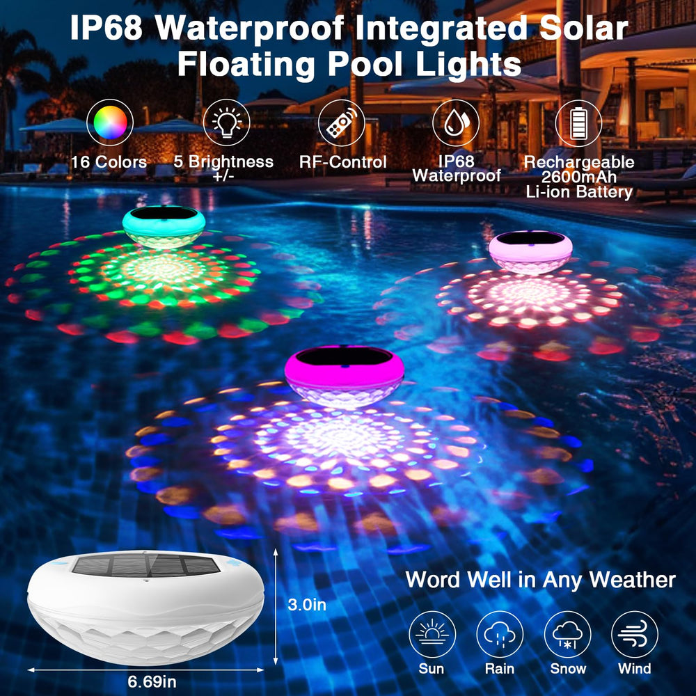 QOLNBY lights floating in pool at dusk creating festive evening atmosphere