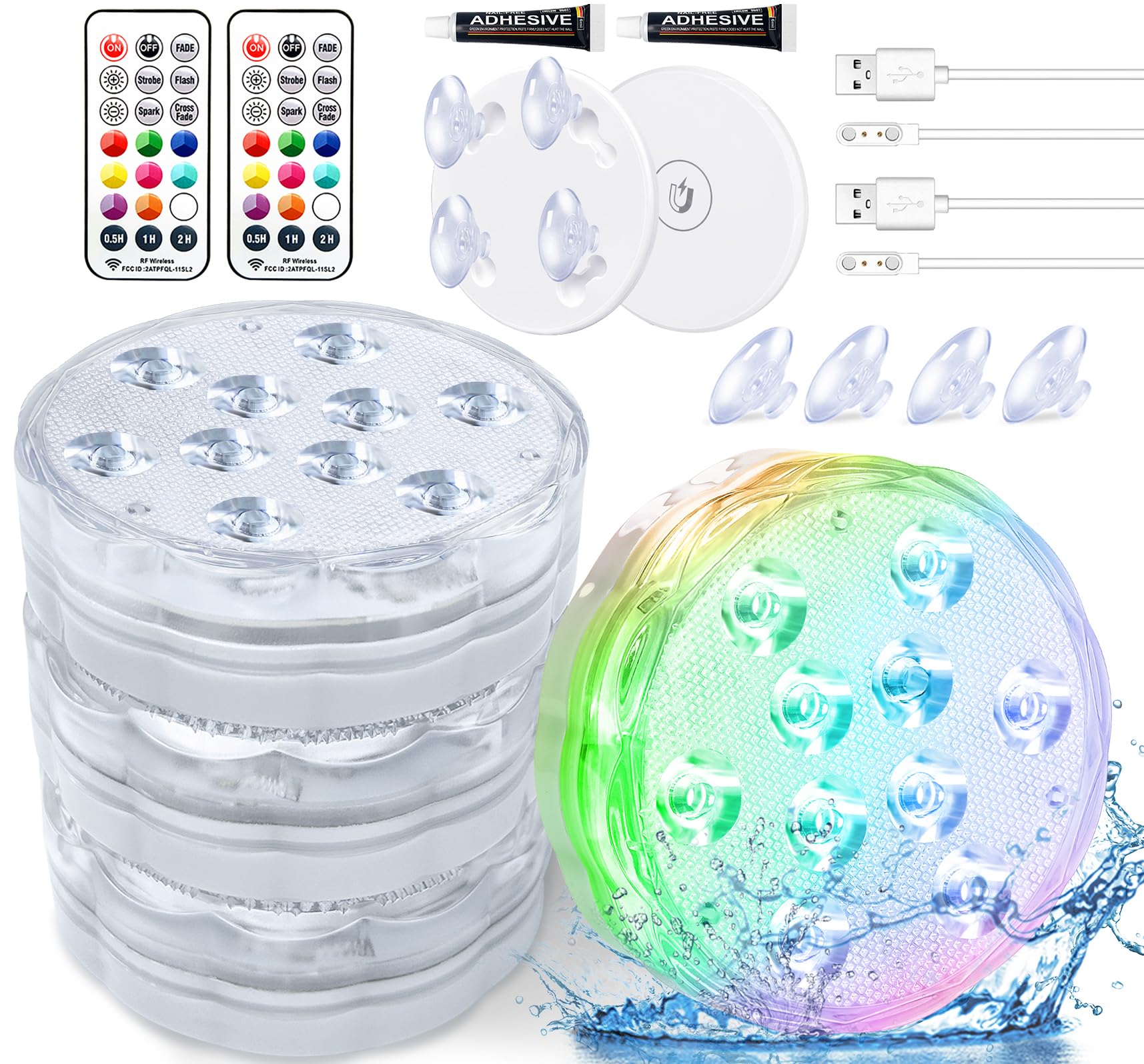 Qoolife front view of four lights showing bright color variety and easy installation benefit