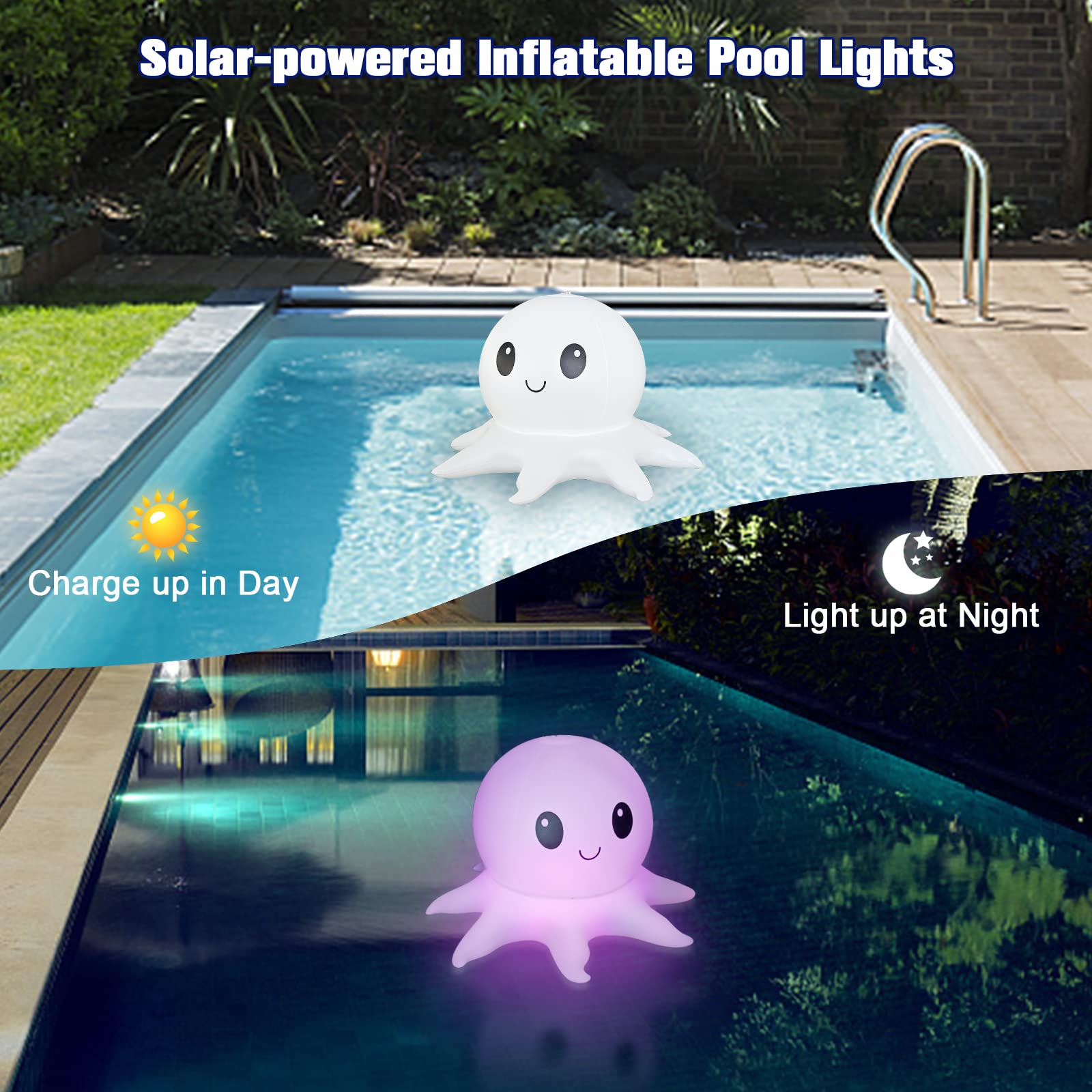 qoolife octopus floating in pool at night creating vibrant ambiance