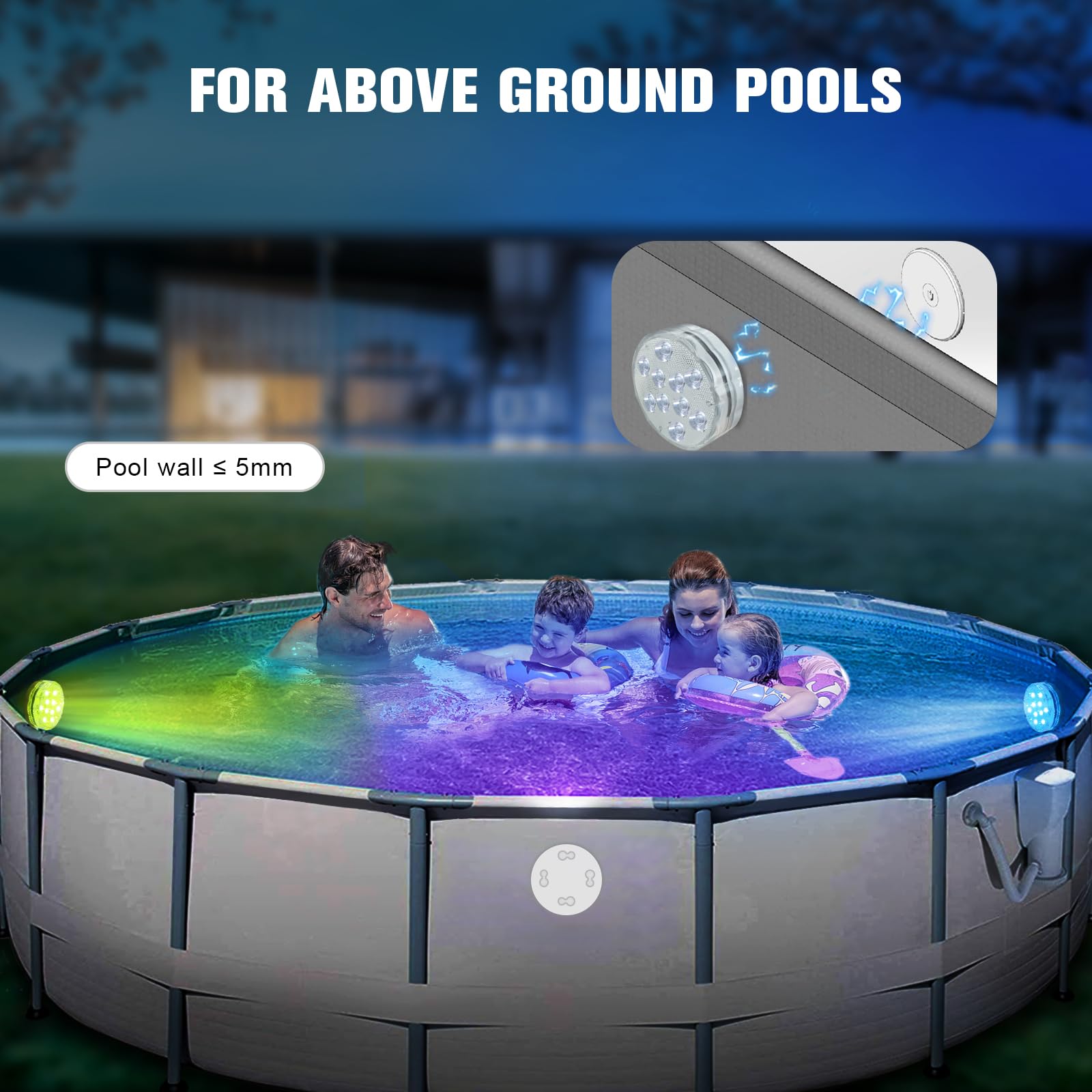 Qoolife lights illuminating a pool at night creating dramatic ambiance