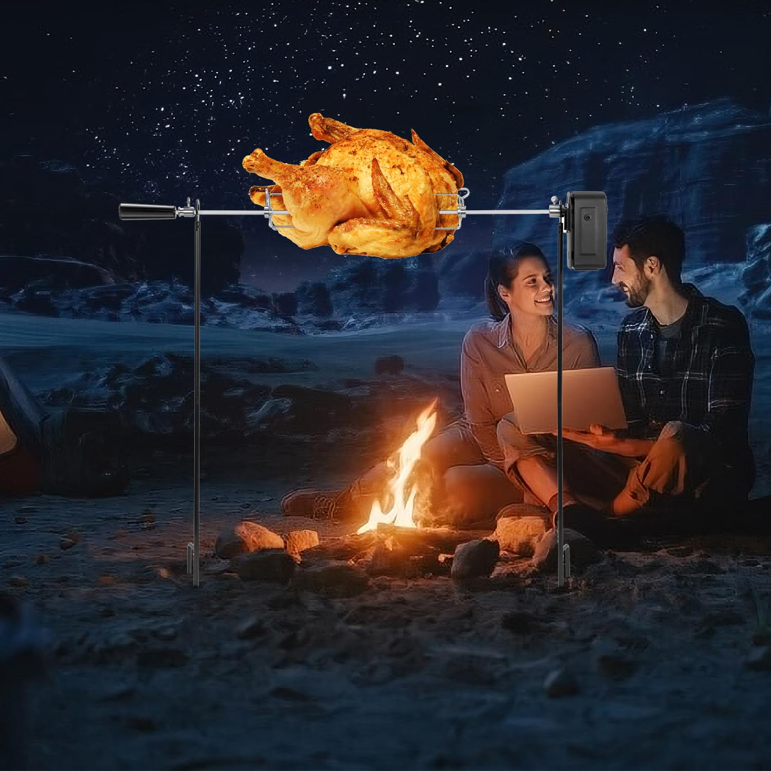 QPMR rotisserie spinning a whole chicken over campfire for hands-free roasting