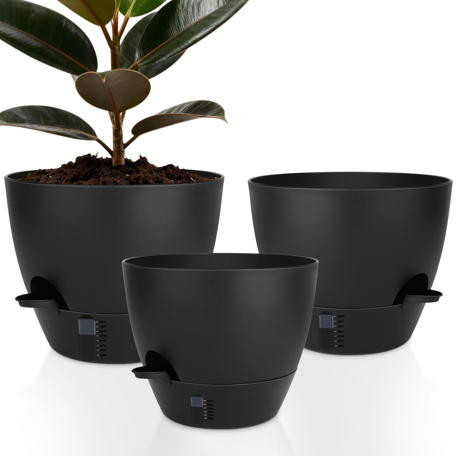 QRRICA front view of three black planters showing clean modern look and easy care