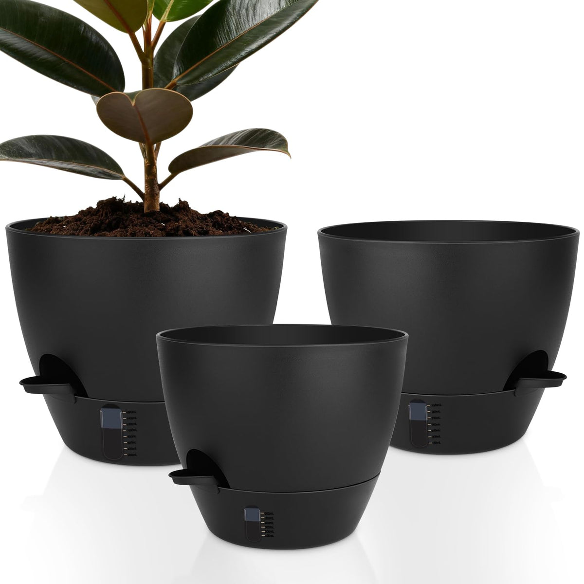QRRICA front view of three black planters showing clean modern look and easy care