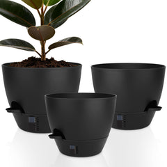 QRRICA front view of three black planters showing clean modern look and easy care