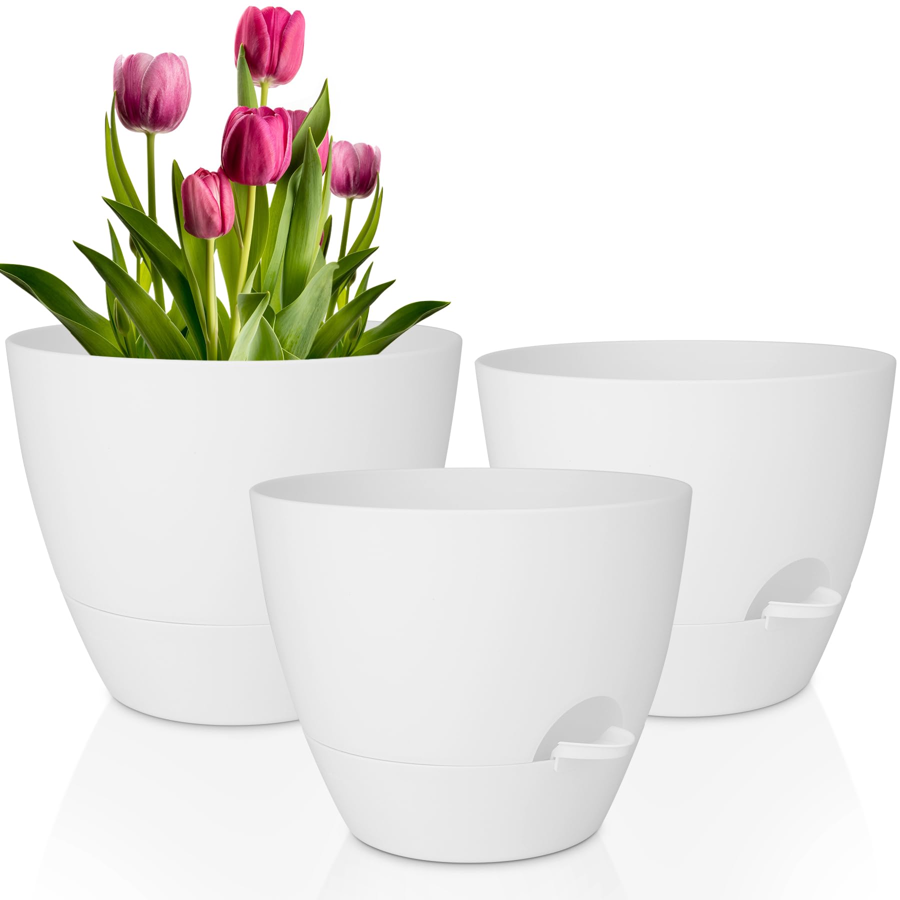 QRRICA front view of three white self-watering pots showing neat storage benefit