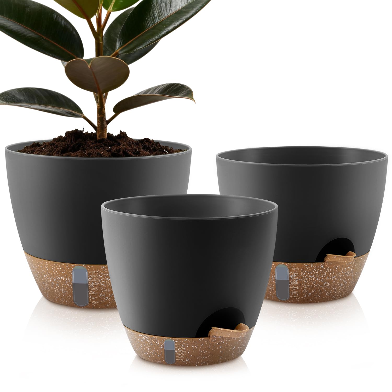 QRRICA front view of three black planters showing sleek design and convenience