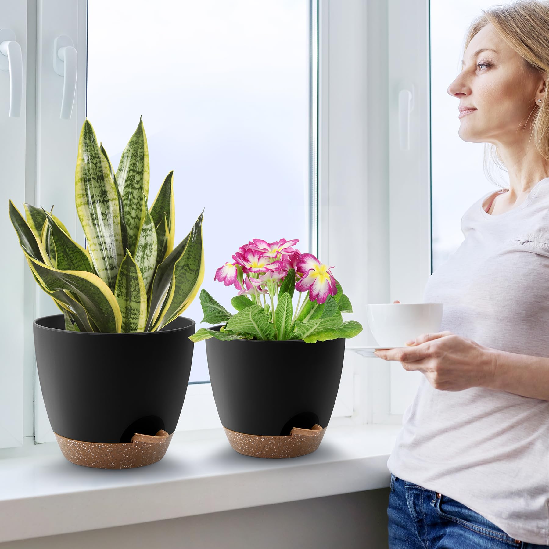 QRRICA indoor living room scene showing planters protecting surfaces and adding greenery